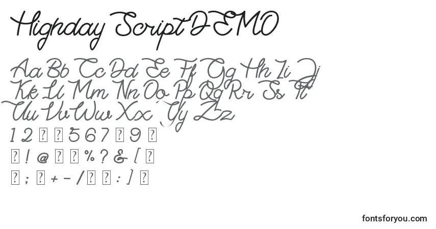 Schriftart Highday Script DEMO – Alphabet, Zahlen, spezielle Symbole