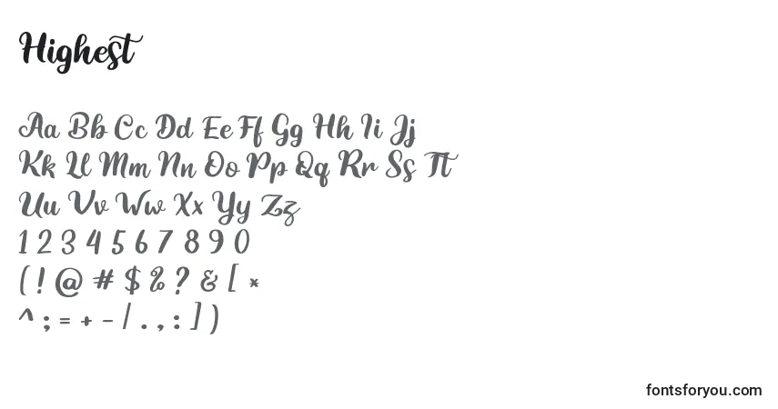 Czcionka Highest – alfabet, cyfry, specjalne znaki