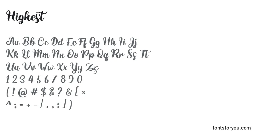 A fonte Highest (129649) – alfabeto, números, caracteres especiais