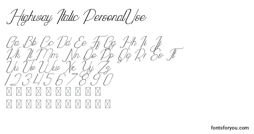 Schriftart Highway Italic PersonalUse – Alphabet, Zahlen, spezielle Symbole