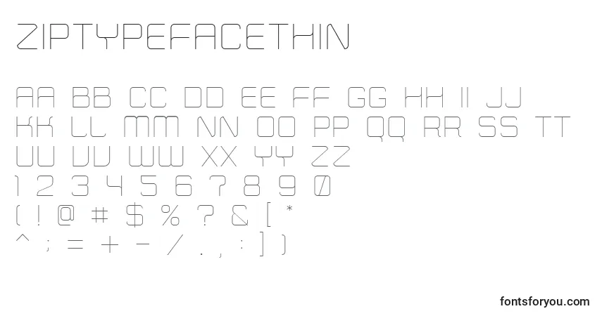 Czcionka ZipTypefaceThin – alfabet, cyfry, specjalne znaki