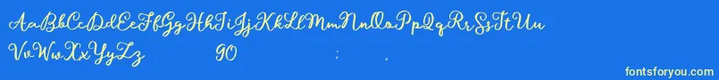 Hillary Script Demo-Schriftart – Gelbe Schriften auf blauem Hintergrund