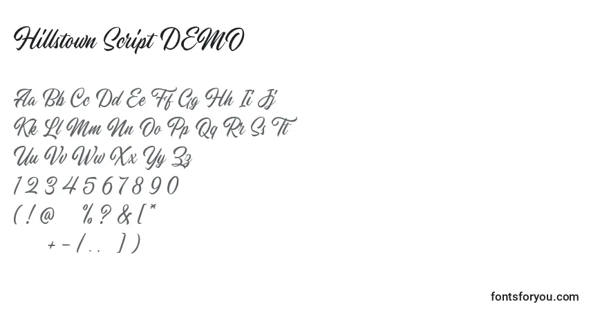 Schriftart Hillstown Script DEMO – Alphabet, Zahlen, spezielle Symbole