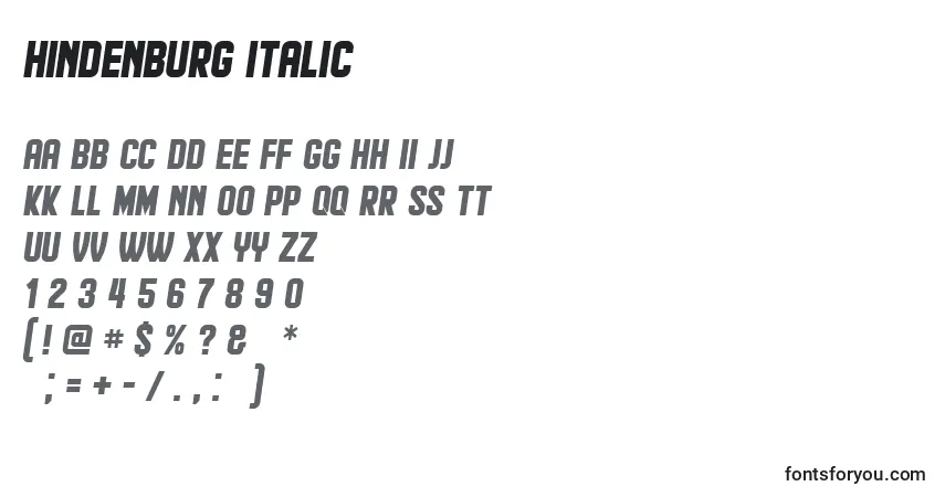 Шрифт Hindenburg Italic – алфавит, цифры, специальные символы