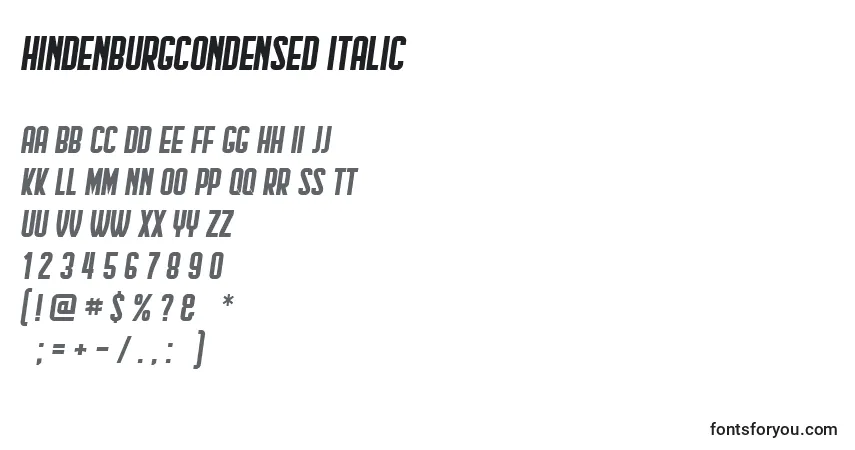Czcionka HindenburgCondensed Italic – alfabet, cyfry, specjalne znaki