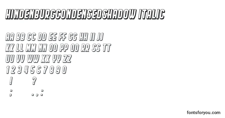 Шрифт HindenburgCondensedShadow Italic – алфавит, цифры, специальные символы