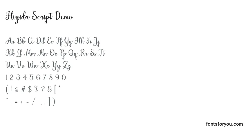 Czcionka Hiyida Script Demo – alfabet, cyfry, specjalne znaki