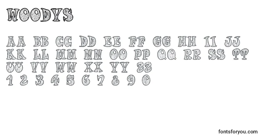 Schriftart Woodys – Alphabet, Zahlen, spezielle Symbole