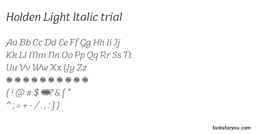 Шрифт Holden Light Italic trial – алфавит, цифры, специальные символы