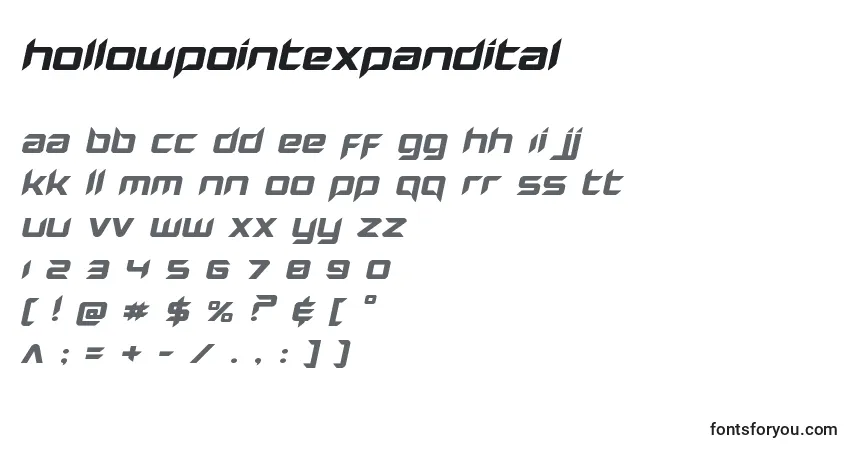 Schriftart Hollowpointexpandital – Alphabet, Zahlen, spezielle Symbole