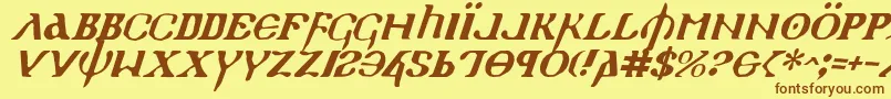 フォントHolyv2i – 茶色の文字が黄色の背景にあります。