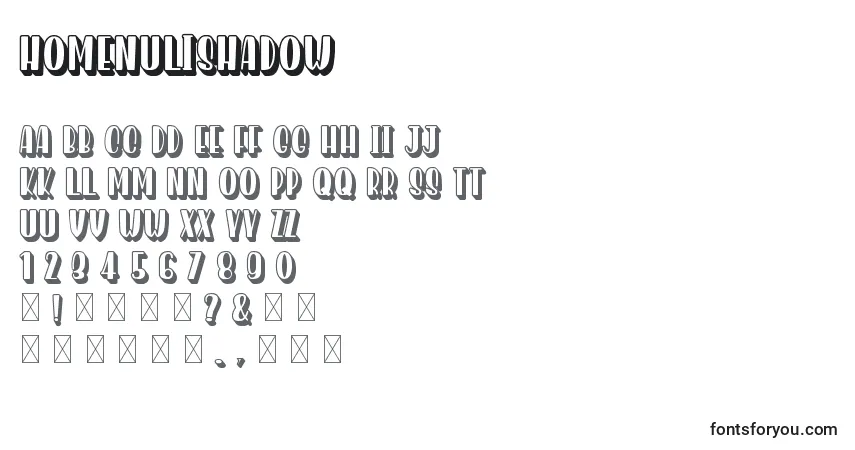 Schriftart HomenuliShadow – Alphabet, Zahlen, spezielle Symbole