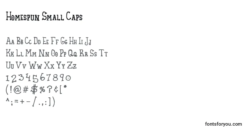 Czcionka Homespun Small Caps – alfabet, cyfry, specjalne znaki