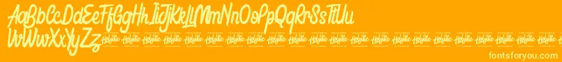 Weitere Informationen zur Honestly Brigtea-Schriftart Honestly Brigtea-Schriftart – Gelbe Schriften auf orangefarbenem Hintergrund