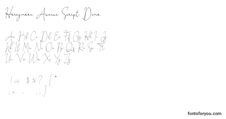 A fonte Honeymoon Avenue Script Demo (129860) – alfabeto, números, caracteres especiais