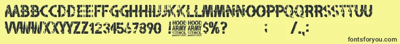 Hood Army Stencil-Schriftart – Schwarze Schriften auf gelbem Hintergrund