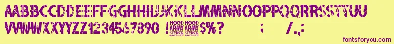 フォントHood Army Stencil – 紫色のフォント、黄色の背景