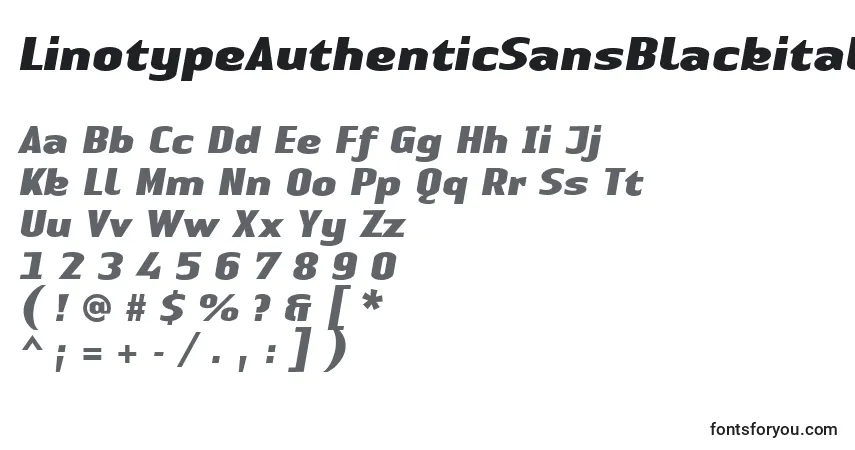 Czcionka LinotypeAuthenticSansBlackitalic – alfabet, cyfry, specjalne znaki