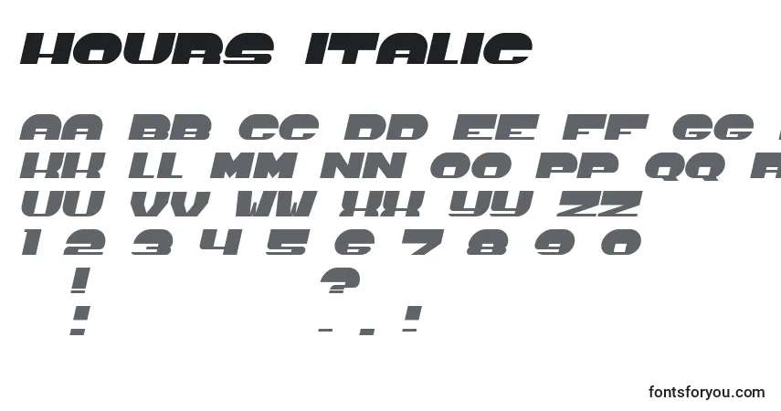 Schriftart Hours Italic – Alphabet, Zahlen, spezielle Symbole