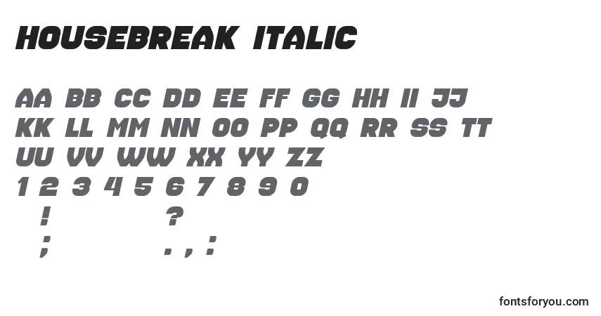Schriftart Housebreak Italic – Alphabet, Zahlen, spezielle Symbole