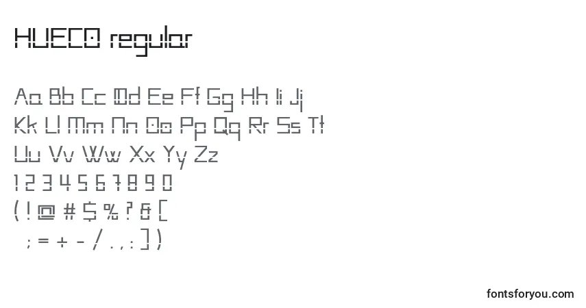 Czcionka HUECO regular – alfabet, cyfry, specjalne znaki