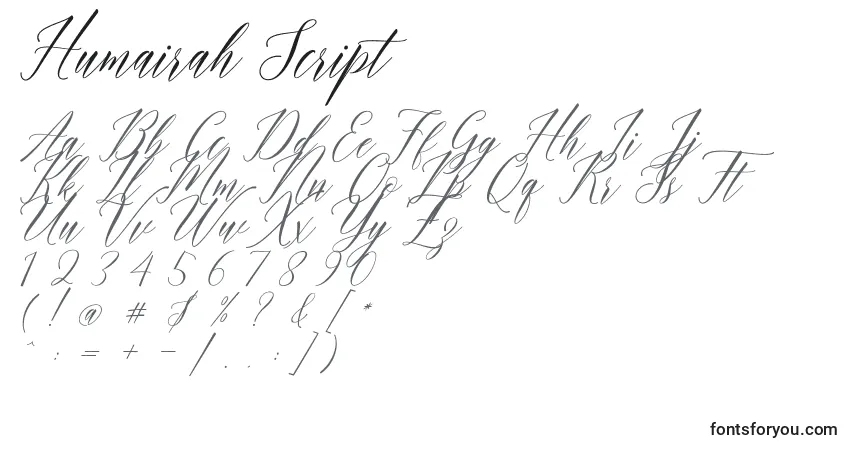 Czcionka Humairah Script – alfabet, cyfry, specjalne znaki