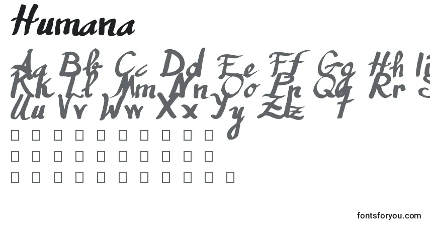 A fonte Humana (129974) – alfabeto, números, caracteres especiais