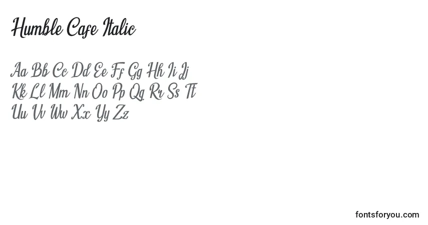 Schriftart Humble Cafe Italic – Alphabet, Zahlen, spezielle Symbole