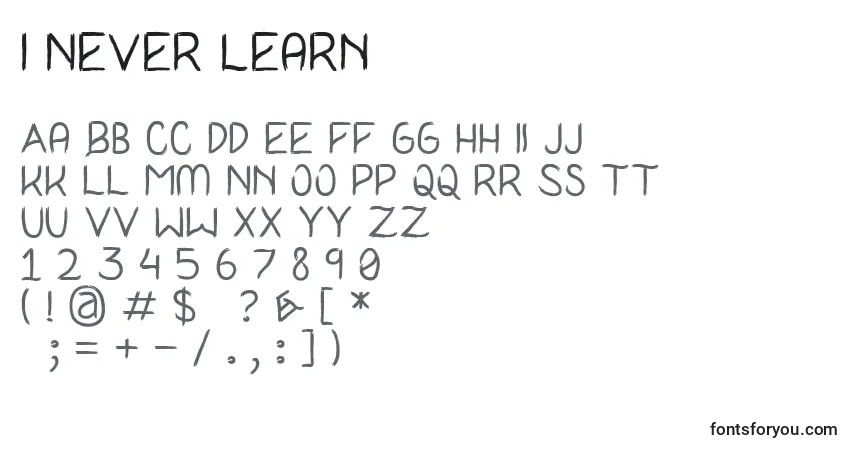 Czcionka I Never Learn – alfabet, cyfry, specjalne znaki