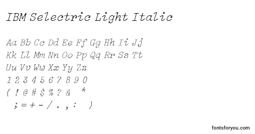 Шрифт IBM Selectric Light Italic – алфавит, цифры, специальные символы
