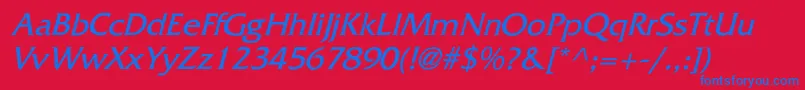 FitzgeraldItalic-Schriftart – Blaue Schriften auf rotem Hintergrund