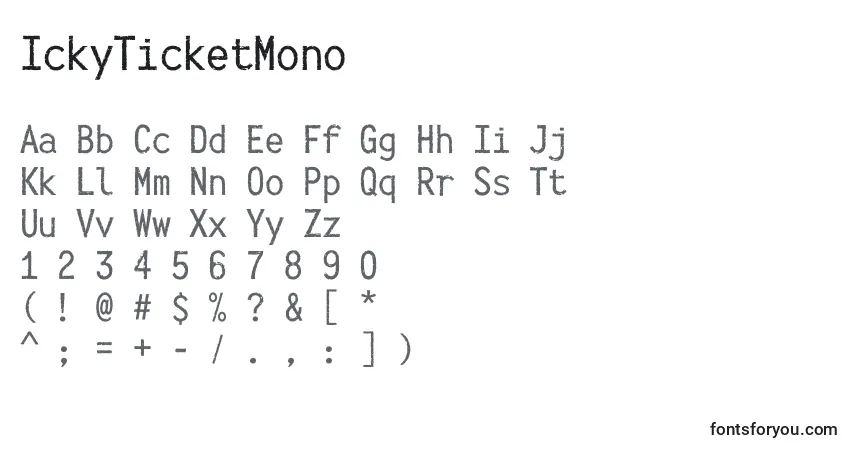 Czcionka IckyTicketMono – alfabet, cyfry, specjalne znaki