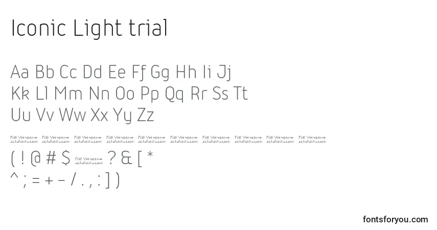 Schriftart Iconic Light trial – Alphabet, Zahlen, spezielle Symbole