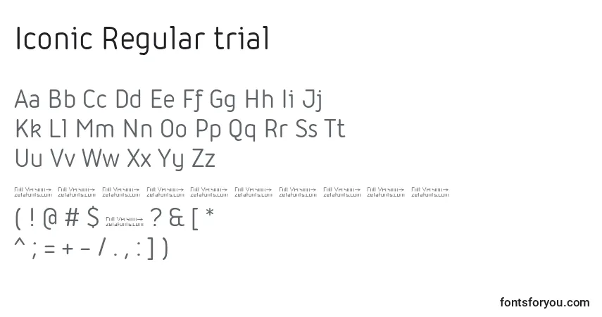 Schriftart Iconic Regular trial – Alphabet, Zahlen, spezielle Symbole