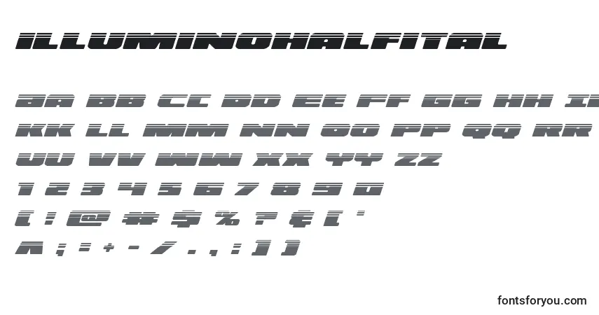 Illuminohalfital (130168)-fontti – aakkoset, numerot, erikoismerkit