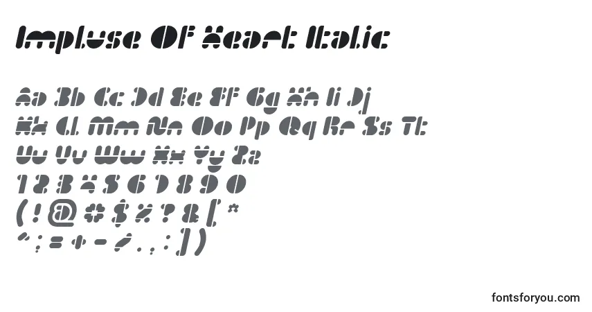 Шрифт Impluse Of Heart Italic – алфавит, цифры, специальные символы