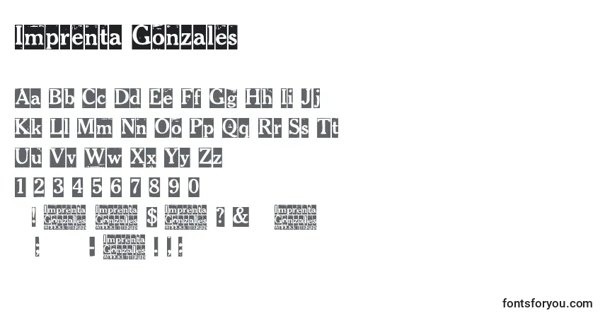 A fonte Imprenta Gonzales – alfabeto, números, caracteres especiais