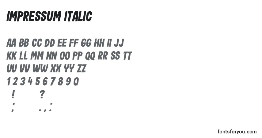 Шрифт Impressum Italic – алфавит, цифры, специальные символы