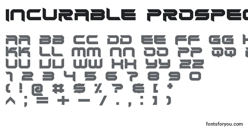Czcionka Incurable prospect – alfabet, cyfry, specjalne znaki