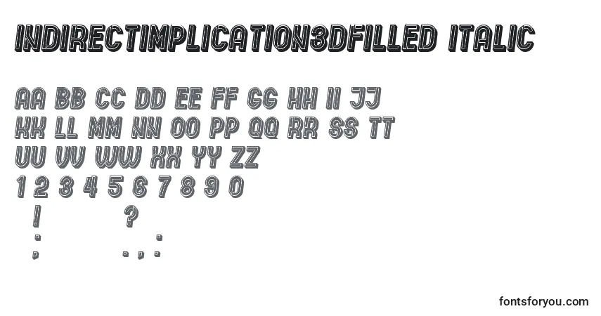A fonte IndirectImplication3DFilled Italic – alfabeto, números, caracteres especiais