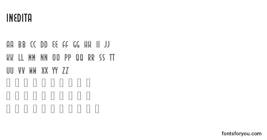 A fonte Inedita (130300) – alfabeto, números, caracteres especiais