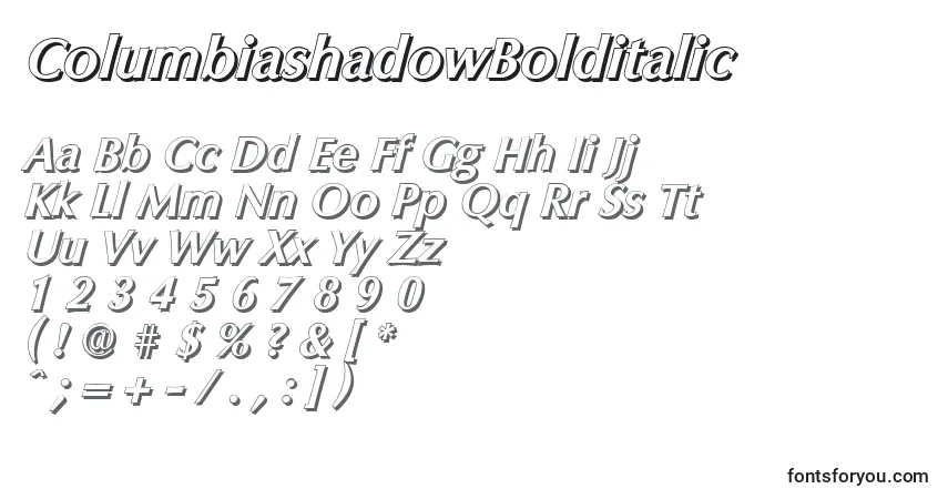 Шрифт ColumbiashadowBolditalic – алфавит, цифры, специальные символы