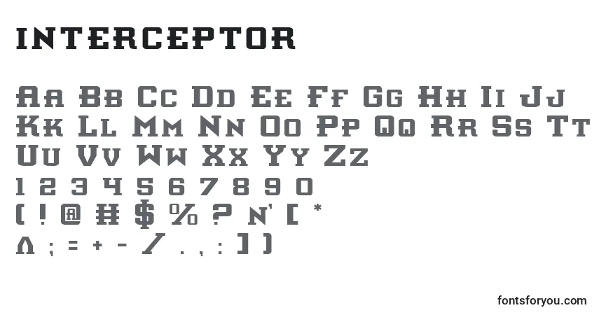 A fonte Interceptor (130424) – alfabeto, números, caracteres especiais