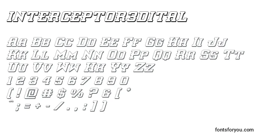 A fonte Interceptor3dital – alfabeto, números, caracteres especiais