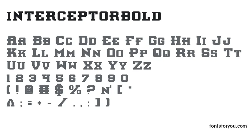 A fonte Interceptorbold (130427) – alfabeto, números, caracteres especiais