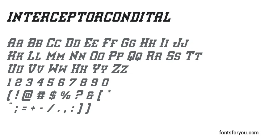 A fonte Interceptorcondital – alfabeto, números, caracteres especiais