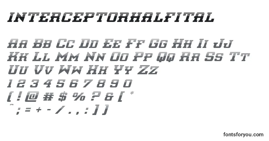 Czcionka Interceptorhalfital – alfabet, cyfry, specjalne znaki