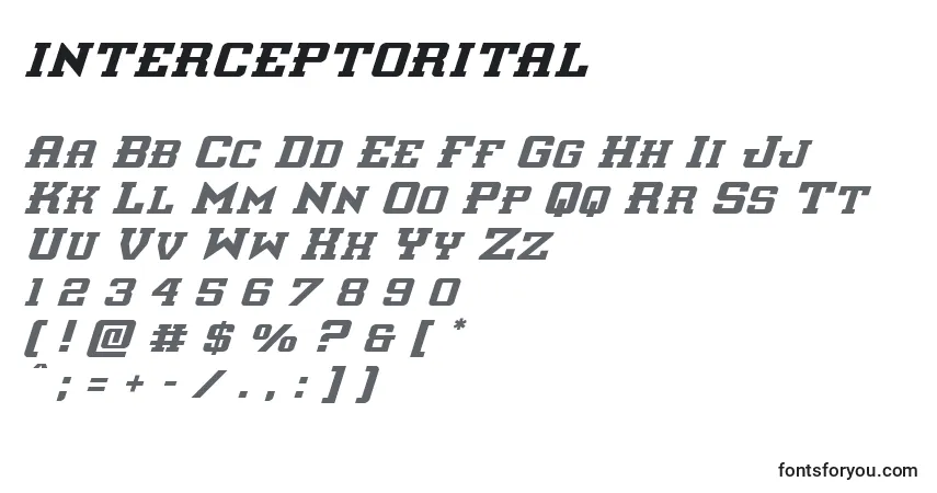 Czcionka Interceptorital – alfabet, cyfry, specjalne znaki