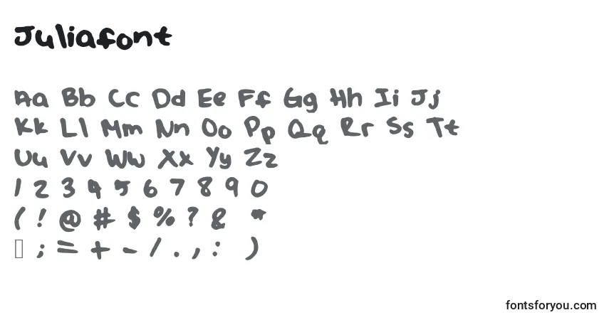 A fonte Juliafont – alfabeto, números, caracteres especiais