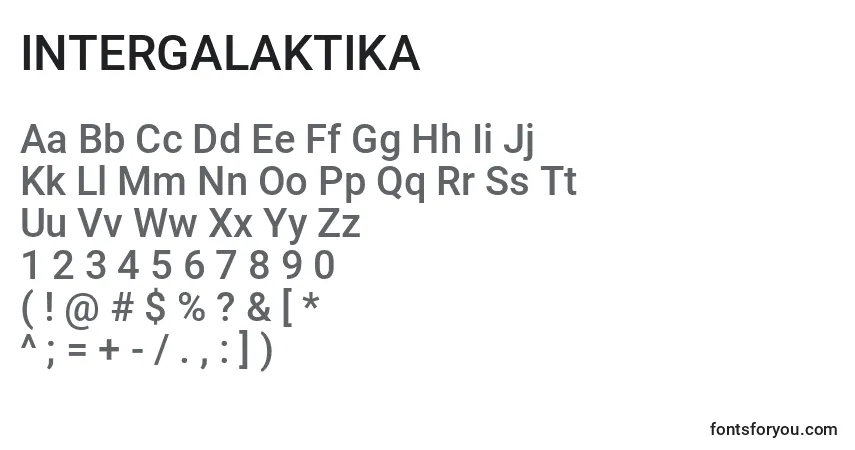 A fonte INTERGALAKTIKA (130466) – alfabeto, números, caracteres especiais